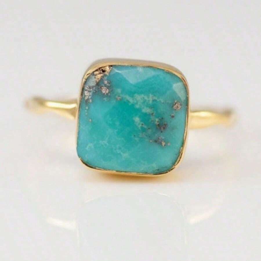 Anillo decorativo de mujer con piedra de turquesa, estilo francés simple y clásico, perfecto para uso diario, fiestas, compromisos, celebraciones y festivales, regalo para ella - Dorado - Ver 1