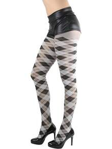 Women's Argyle Checkered Rhombus Net Opaque Sheer Tights Pantyhose, Fashionable 2025 7FWD - 多色菱形圖案 - 黑色/灰 - 查看 2