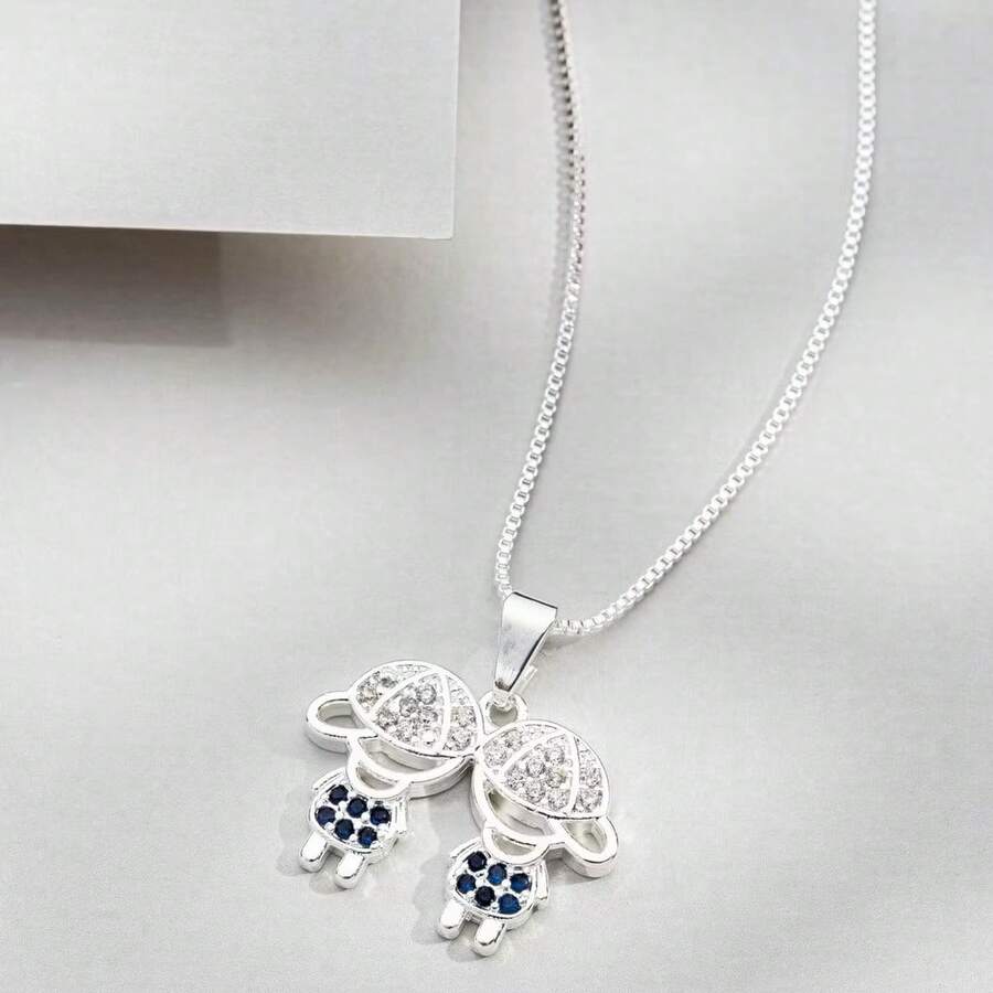 Delicate Women's Necklace With Children's, Boy's And Girl's Pendants, Plated In 18K Gold And 925 Silver With Zirconias - 2 menino (Prata) - 查看 1