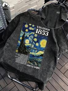 梵高星空艺术设计字母印花复古水洗加大码女式T恤，休闲宽松上衣，夏秋服装，加大码秋冬服装 黑色 - 黑色 - 查看 2