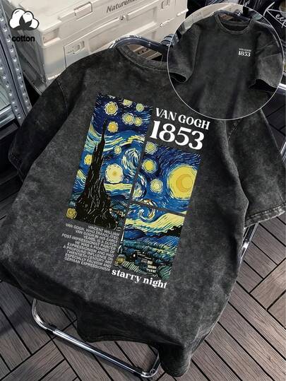 梵高星空艺术设计字母印花复古水洗大码女式T恤，休闲宽松上衣，夏秋季服装，大码秋冬季服装