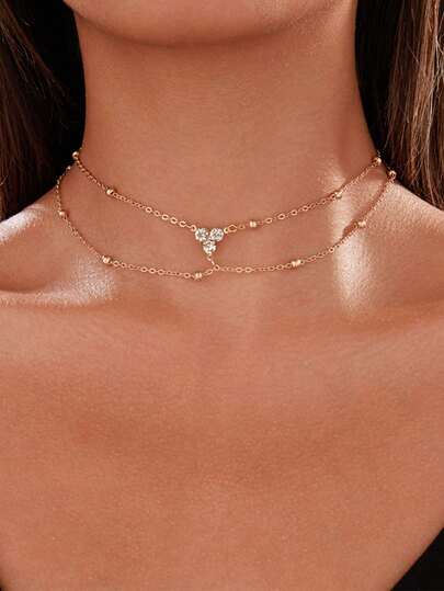 1pc Elegant Pearl Chain Double Layer Necklace With Rhinestones, Fashionable Minimalist Jewelry Gift Suitable For Women