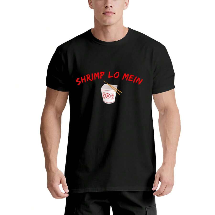 Camiseta gráfica unisex de camarón lo mein - 220g% algodón, blanco y negro, manga corta, ajuste casual, regalo de Acción de Gracias, Navidad y Año Nuevo para hombres y mujeres, tallas S- - Negro - Ver 1
