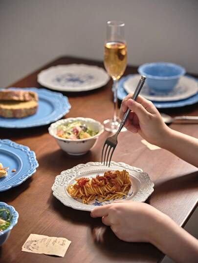 1 件原创蓝白浮雕纹理陶瓷餐具套装，创意厨房餐具，汤碗，面碗，独特设计盘子，牛排盘，沙拉盘，厨房用品，餐厅盘子