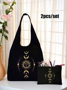 Torba na ramię z płótna z nadrukiem słońca, księżyca i gwiazd, czarna torba z nadrukiem i mała czarna torebka, prezenty walentynkowe, spersonalizowana torba na prezent ślubny dla druhen, kosmetyczka, prosta torba podróżna do przechowywania, odpowiednia na zakupy, podróże i wakacje, idealna na prezent dla rodziny i przyjaciół, prezent na Dzień Matki - Wielokolorowe - Zobacz 1