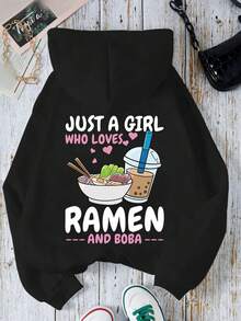 1-Piece Teen Girl Fun Ramen Boba Printed Long-Sleeve Lightweight Sweatshirt, Soft Fabric Summer-Fall Daily Casual Wear - Black - View 3