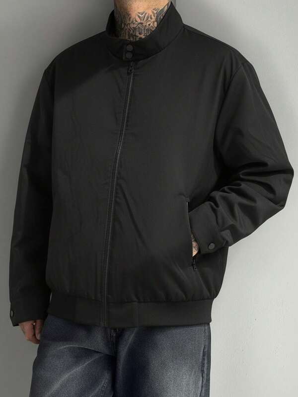 1pc Men's Solid Color Minimalist Stand Collar Jacket, Suitable For Daily Outings And Urban Commuting, Autumn/Winter Coat