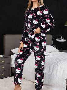 2pcs Women's  Cartoon Cute Flannel Warm Thick Fleece Pajama Set, 1 Full Print Long Sleeve Crew Neck Top And Pants, Comfortable Loose Fit, Suitable For Autumn/Winter - 黑色 - 查看 3