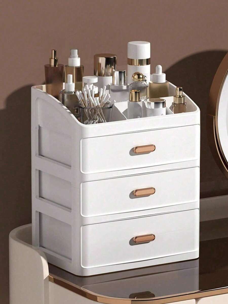 1 pièce Boîte de rangement pour maquillage, Présentoir de rangement de bureau, Type tiroir anti-poussière pour rouge à lèvres, soins de la peau, pinceaux de maquillage, peigne. Panier de rangement pour produits de soins de la peau de salle de bain, nettoyant facial. Porte-télécommande, boîte à cure-dents pour le salon. Organisateur de table de chevet pour chambre, chargeur, étui de téléphone. Rangement anti-poussière, gain de place, présentoir à cosmétiques et boîte de rangement pour maquillage