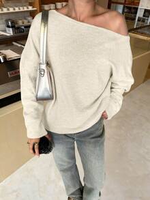 Women's Off-Shoulder Long Sleeve Knit Sweater, Casual Regular Length Top, Suitable For Spring And Autumn - Beige - View 4