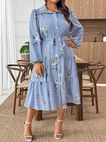 Plus Size Women Elegant Blue & White Striped Button Front Ruffle Hem Short Sleeve Shirt Dress