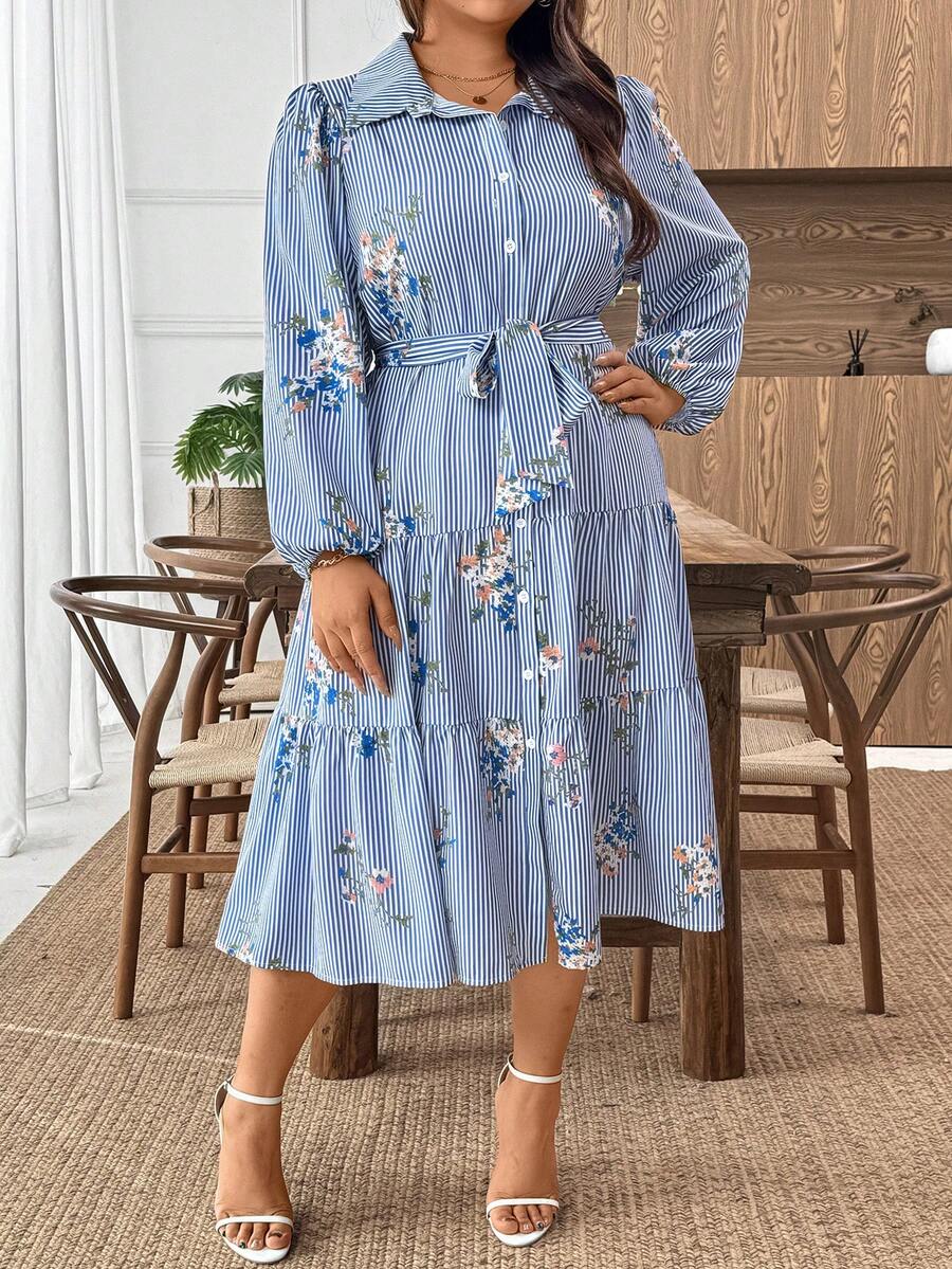 Plus Size Women Elegant Blue & White Striped Button Front Ruffle Hem Short Sleeve Shirt Dress