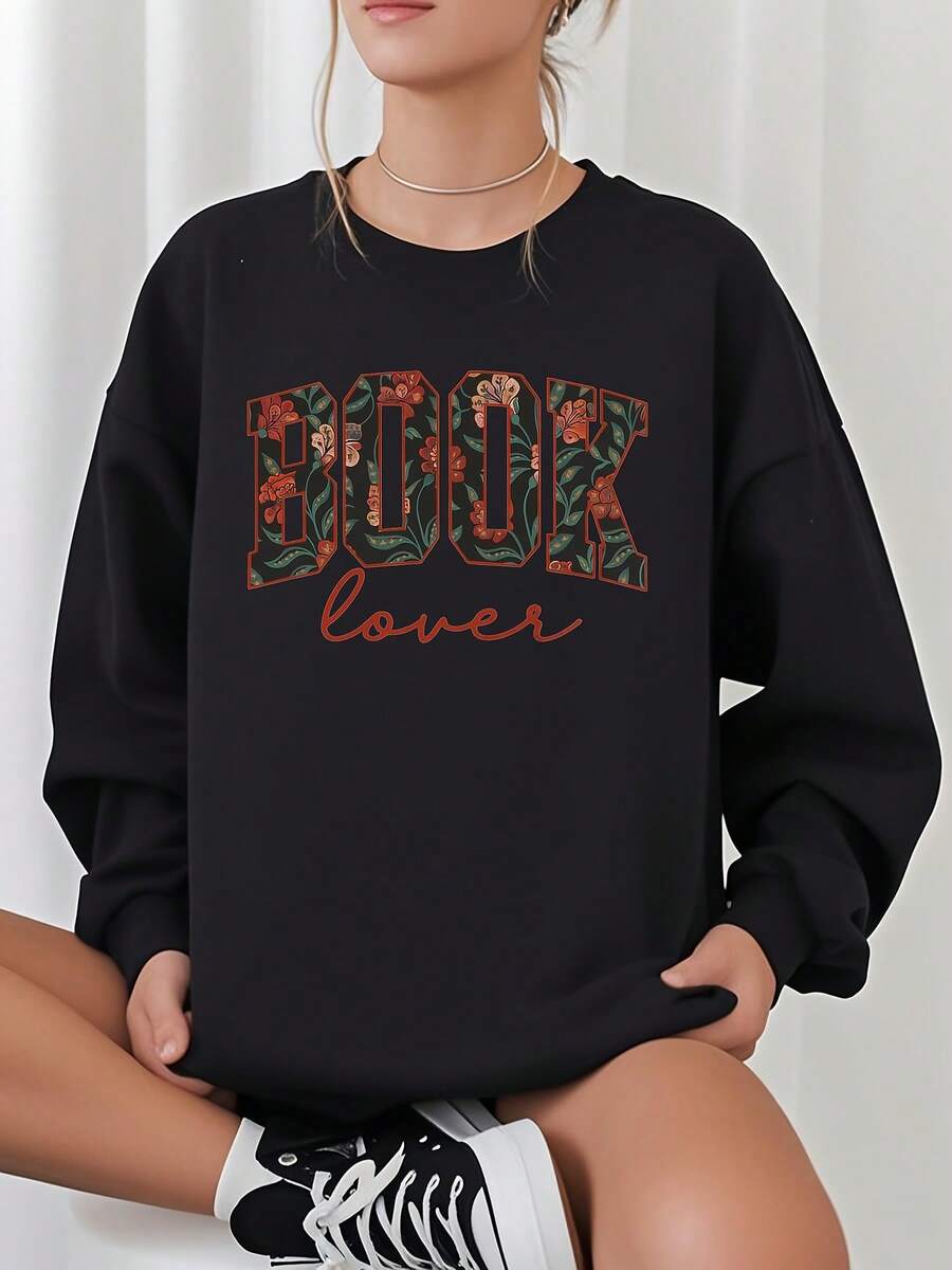 Women's Book Lover Print Sweater - Olive Green Book-Themed Lettering & Book Spine Design, Soft Crew Neck Long Sleeve Casual Pullover For Reading Enthusiasts, Book Outfits, All-Season Comfort Fit (Machine Washable) - Ideal Gift For Bookworms, Stylish Book Lover's Sweatshirt With Subtle Book Spine Print, Relaxed Fit For Layering Or Standalone Wear, Perfect For Book Clubs & Reading, Book Sweater-Unisex Vintage Cotton Tee Black White - Loose Fit For American Music Festival Camping & Shows Unisex &W Long Sleeve Crewneck Hoodie Cozy Weekend Unisex Crewneck Sweatshirt - 黑色 - 查看 1