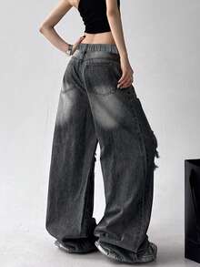 Jeans rectos con efecto desgastado para adolescentes, pantalones vaqueros de pierna ancha con ajuste holgado, estilo callejero americano