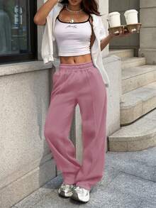 Sulojter Casual Loose Solid Color Elastic Waist Sweatpants - Pink - View 3