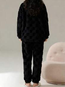 Cute Striped Pajamas , Bear Pattern Comfortable Wool Flannel Fleece Thick Warm Pajama Set , Women's Polyester Sleepwear Top And Pants, Suitable For New Year , Long Sleeve Round Neck Top & Pants Homewear 2-Pieces Set, Cozy Winter Clothes, Fluffy - 黑色 - 查看 2