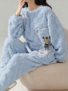 Cute Striped Wool Pajamas - Bear Pattern Comfortable Wool Flannel Fleece Thick Warm Pajama Set - Women's Polyester Sleepwear Top And Pants, Suitable For New Year - Long Sleeve Round Neck Teenager Homewear 2-Piece Set, Fluffy Cozy Winter Clothes