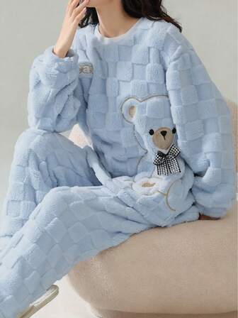 可爱条纹羊毛睡衣 - 小熊图案舒适羊毛法兰绒加厚保暖睡衣套装 - 女士涤纶睡衣上衣和裤子，适合新年 - 长袖圆领青少年家居服两件套，蓬松舒适的冬季服装