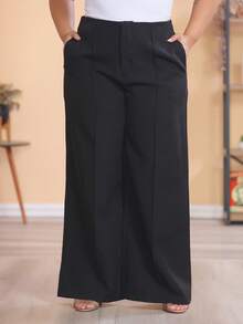 Plus Size Wide Leg Pants, New Fashion Tailored Fabric - Black - View 3