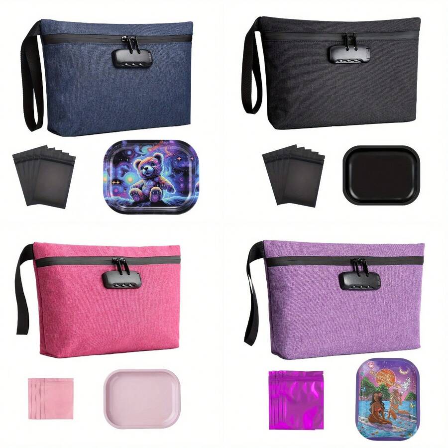 OFFPUFF 7 Pieces Carbon Lined Odor Proof Pouch Smell Proof Pouch Bag With Combination Lock Rolling Tray Mylar Bag Kits - 紫色 - 查看 1