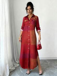 Loose Shirt Dress With Buttons Front, Casual Solid Color Split Hem Dress In Spring And Autumn, Shirt Dresses For Women - 紅色 - 查看 3
