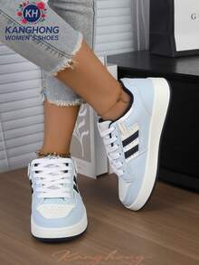 1 Pair Women's Non-Slip, Durable, Lightweight, Fashionable Casual White Sneakers, Outdoor Lace-Up Patchwork Flat Shoes For Indoor & Outdoor Wear