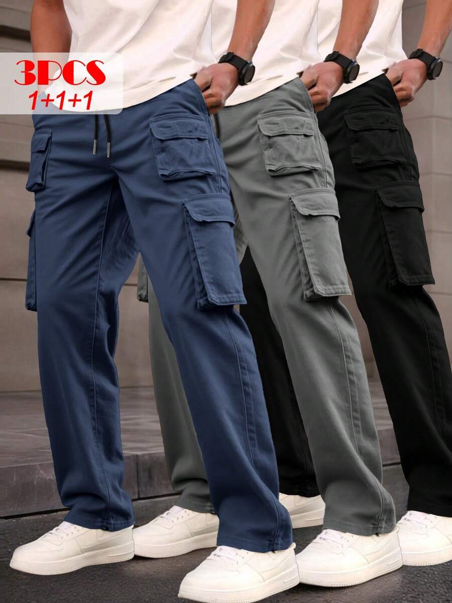 3-Pack Of Men's Stylish Overalls In Lightweight Polyester With A Casual Fit, Multiple Pockets, And A Drawstring Waist For Spring/Fall. Perfect For Spring/Fall Wear | Drawstring Waistband | Smooth Textured Fabric, Sporty Casual Pants - 藍+灰+黑 - 查看 1