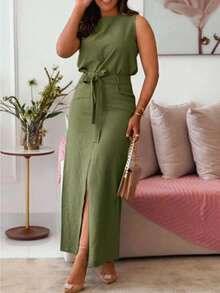 2pcs Women's Solid Color Casual Elegant Summer Set With Belt And Pockets - Army Green - View 1