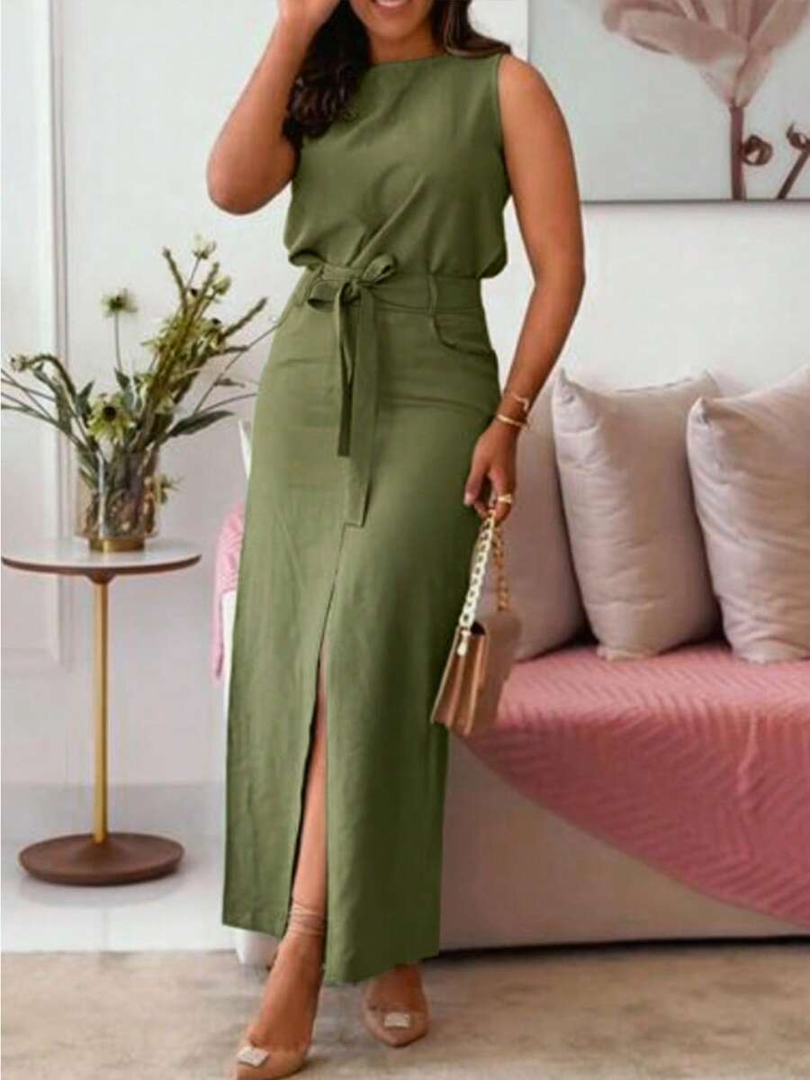 2pcs Women's Solid Color Casual Elegant Summer Set With Belt And Pockets - Army Green - View 1