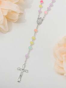 1pc Handmade Multicolor Beaded Cross Necklace, Rosary, Virgin Mary Medal And Jesus Cross Pendant
