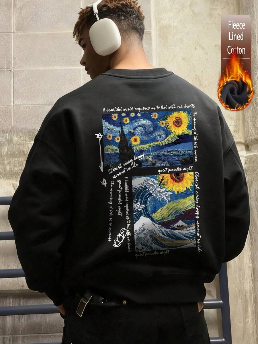 Top da uomo in cotone, top con motivo del cielo stellato di Van Gogh, felpe nere da uomo con spalle scese, felpe oversize larghe e calde in tessuto spesso con scollo rotondo per l'autunno e l'inverno, adatte al freddo