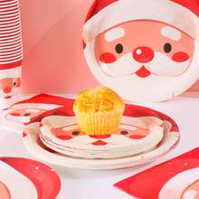 Weihnachtsthema Weihnachtsmann runde Gesichter Party Geschirr Set, Einwegplatten, Servietten, Becher, geeignet für 25 Gäste, Einmal-Pappteller Party Zubehör passend für Geburtstagsfeiern, Familienpicknicks