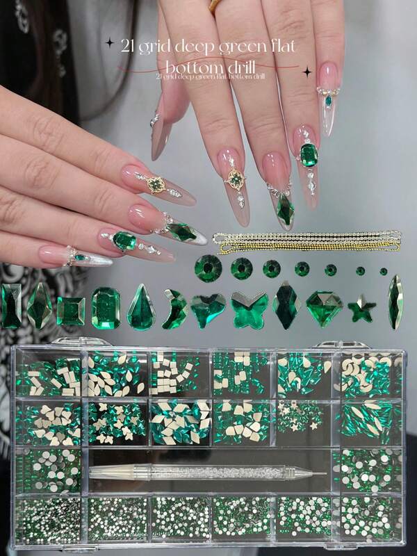 KIRAME 21 Designs DIY Nail Art K9 Glass Deep Green Flat-Back Rhinestones - 30PCS Each High-Shine Rhinestoneswith Dotting Pen And 60mm Chains,Nails Salon ,Nail Suppliers, Halloween, Christmas Nail,New Year,Festival Gifts