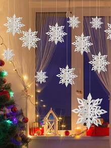 6 件 3D 悬挂雪花饰品带绳 - 优雅的冬季派对装饰 - 适用于圣诞节、新年、家居、树、花环 - 耐用纸质雪花装饰（6/8/10 英寸） - 非常适合室内/室外节日装饰、节日家居装饰 - 彩色 - 查看 9