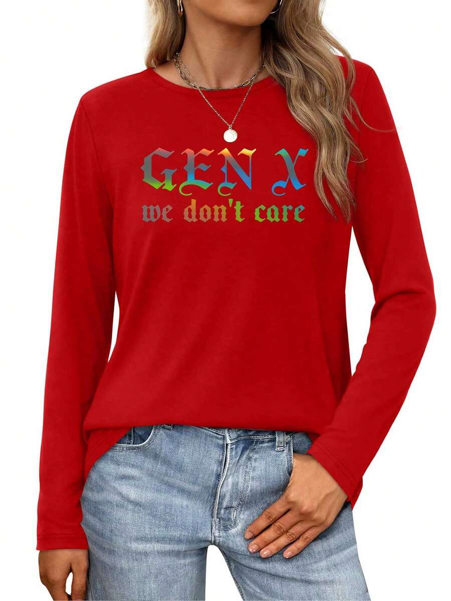 Gen X  A Generation's Slogan - We Don't Care Womens Long-Sleeve Crewneck T-Shirt - 紅色 - 查看 1