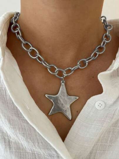 1pc Summer Beach Starfish Pendant Chunky Chain Necklace, Suitable For Women's Daily, Party, Vacation, Travel Wear