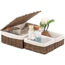1 Piece/3 Pieces Stylish Large Woven Storage Box With Lid – A Single-Compartment Woven Basket For Living Room Desktop Toy Storage, Entryway & Bathroom Storage Box/Container, Home Decoration, Clutter Storage, And Holiday Gift Basket
