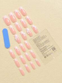 24pcs Long Square Shape Lovely Style White French Style With White Flowers Silver Little Beads 3D False Nails With 1 Nail File And 1 Jelly Gel, Suitable For Daily Use And Parties/Wedding For Women Press On Nails Nail Supplies - 彩色 - 查看 3