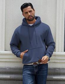 Men Cotton Fleece Hooded Sweatshirt Casual Long Sleeve Hoodies Pullover Fashion Drawstring Hoodie With Kanga Pocket - 藏蓝色 - 查看 5