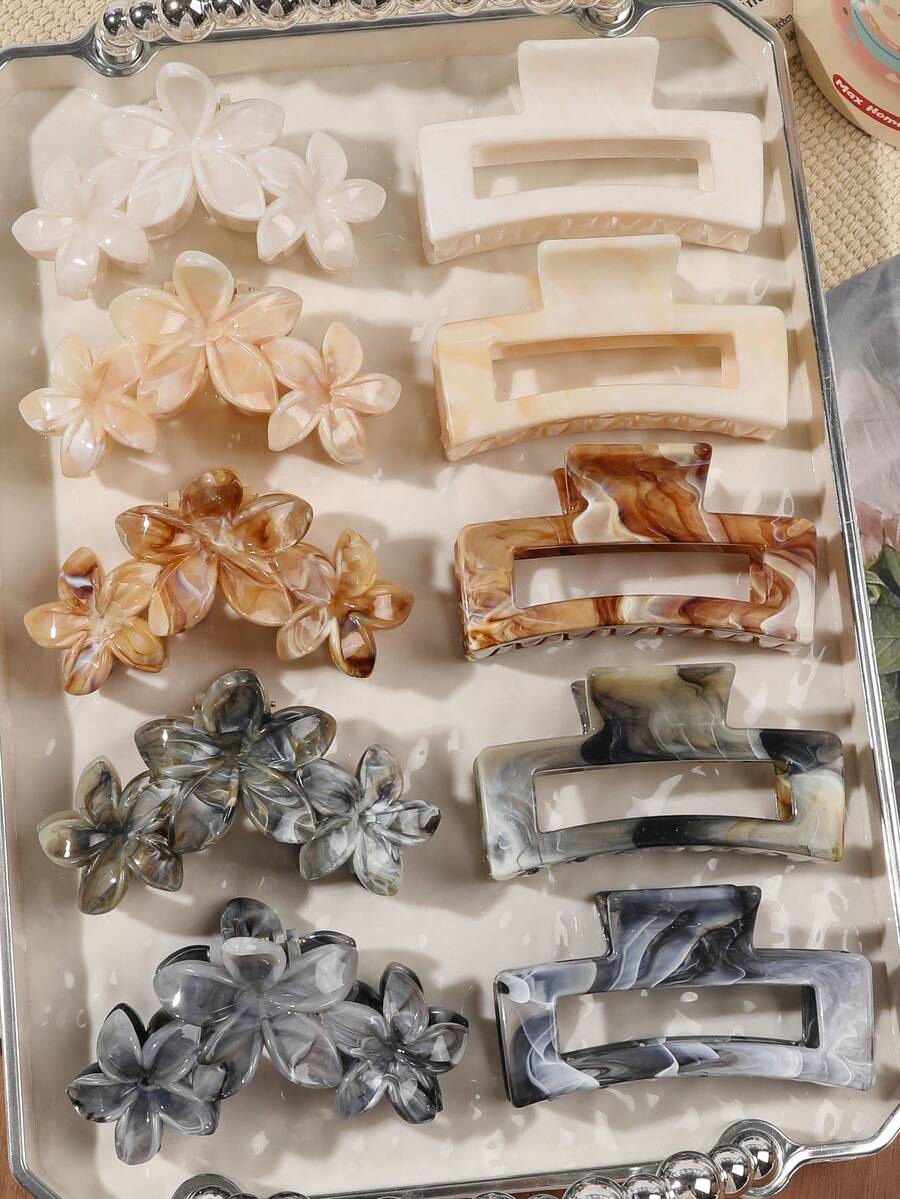 10 件春夏大理石图案卡其色波西米亚雏菊花组合方形发夹，优雅适合海滩、度假、侧马尾、派对冬季发饰时尚发夹优雅爪夹 - 彩色 - 查看 1