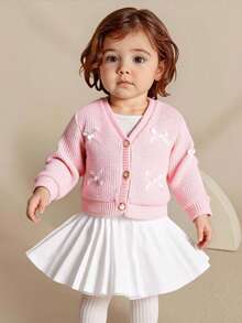 SHEIN Elladie kids V-Neck Cardigan For Baby Girls, Solid Color, Bow Decor, Long Sleeve, Button Front, Knitted Sweater Jacket, Spring/Autumn - Baby Pink - View 1