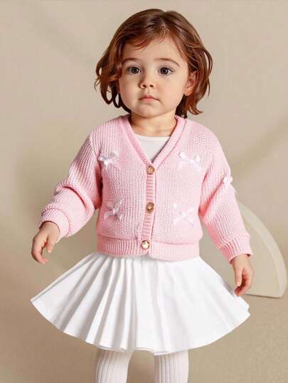 SHEIN Elladie kids 女婴 V 领开衫，纯色，蝴蝶结装饰，长袖，前部有纽扣，针织毛衣外套，春/秋