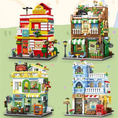 Urban Street Scene Building Blocks Puzzle Assembly Hamburger Shop Coffee Shop Desktop Decor Gift For Boyfriend Christmas Gift Birthday Gift