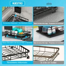 Escurridor de Trastes de 2 Niveles de Acero Inoxidable para Cocina, Escurreplatos con Bandeja de Drenaje, Soporte para Utensilios, Tabla de Cortar y Estante para Tazas, Fácil de Instalar y Limpiar - Negro - Ver 5