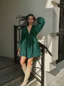 全新优雅时尚性感深 V 领泡泡袖休闲迷你连衣裙，度假波西米亚风/西部风/热带风/太阳裙，春/夏 - 墨綠色 - 查看 10