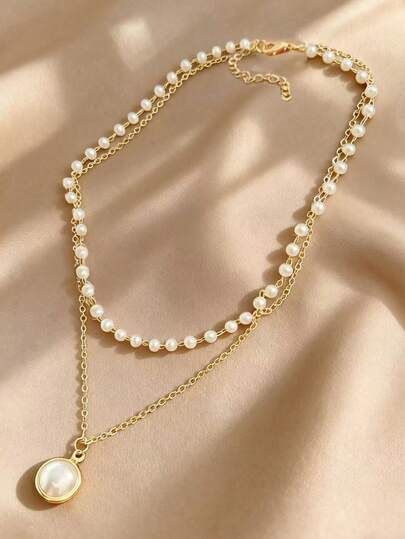1Pc New Women's Pearl Necklace Kpop Gold Bead Pendant Necklace Goth Double Layer Chain Choke Loop Women's Daily Fashion Party Jewelry Gift(Number Of Beads May Vary Slightly Due To Manual Cutting)