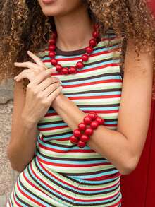 1 Set de 3 Collares, Pulseras y Juego de Joyas Hechas a Mano con Cuentas Geométricas Redondas de Plástico Estilo Bohemio, Regalo para Mujeres, Uso Diario