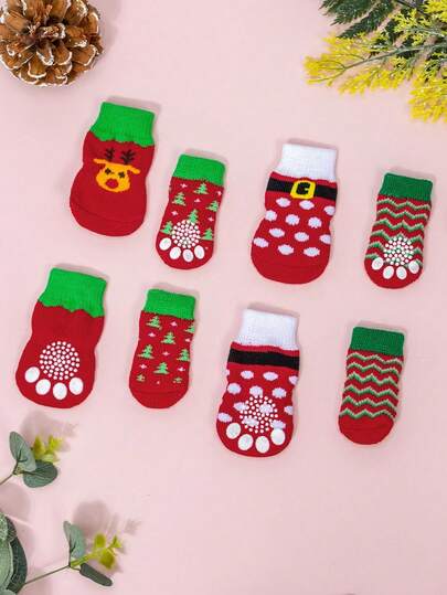 Calcetines navideños para mascotas en colores aleatorios (4/8 piezas) para perros y gatos con calcetines con estampado de renos y árboles de Navidad