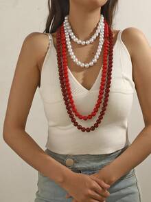 1 pieza Collar largo de cuentas geométricas de plástico de estilo bohemio, hecho a mano para mujeres, se puede usar en doble capa, adecuado para verano, playa, vacaciones y uso diario