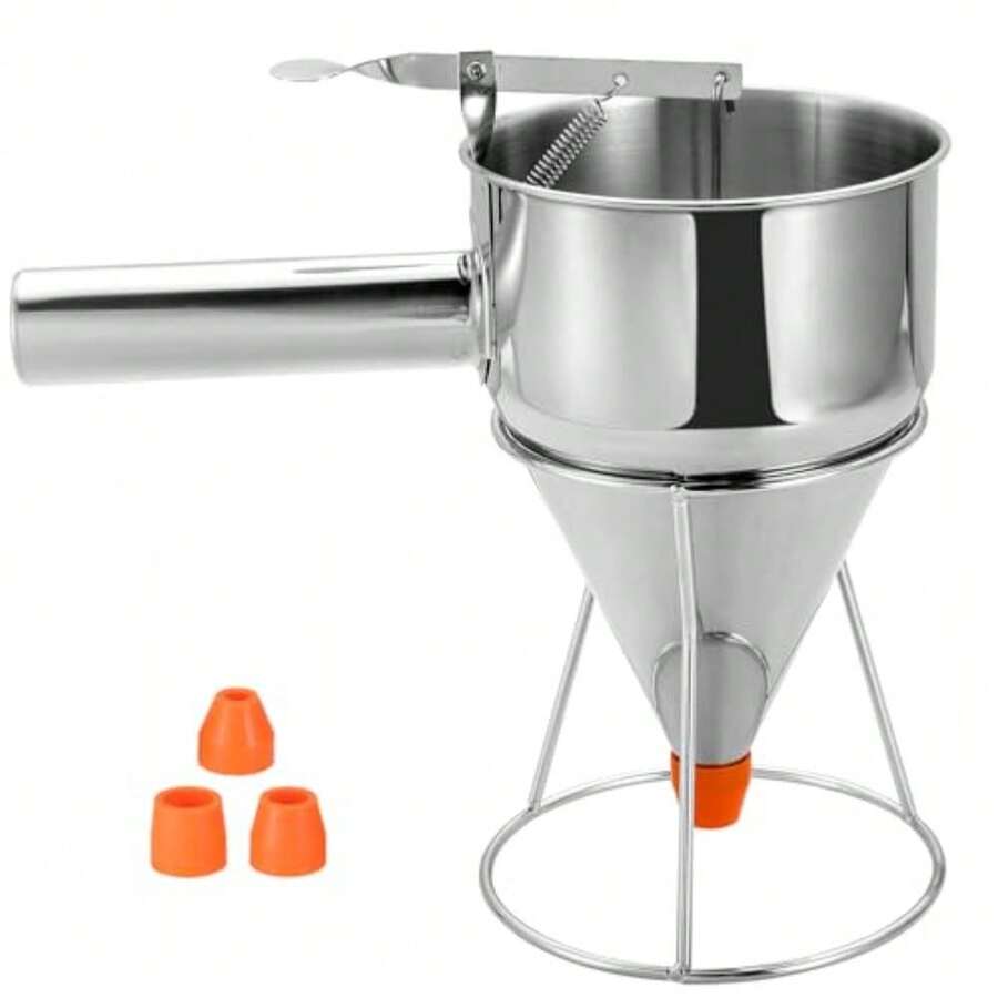 Pancake Batter Dispenser Funnels with Stand | Stainless Steel Funnel Cake Dispenser with Stand Great for Cupcakes, Takoyaki or Any Baked Goods (1200 ML/40 OZ/5 Cups,with 4Pcs Nozzles) - Silber - Übersicht 1